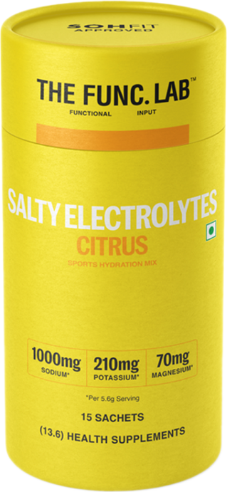 The Func. Lab Salty Electrolytes Citrus, a yellow tub of 15 sachets declaring 1000 mg sodium, 210 mg potassium and 70 mg magnesium per serving
