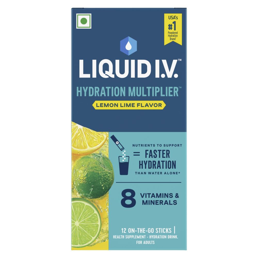 Liquid I.V. Hydration Multiplier Lemon Lime, a box of 12 sticks declaring 572 mg sodium, 388 mg potassium and 11 g added sugar per stick